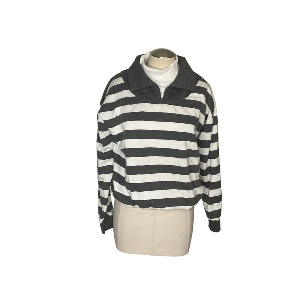 Vintage AOK Co-Ed Rugby Sweatshirt Gray White Striped Collared Pullover Unisex
